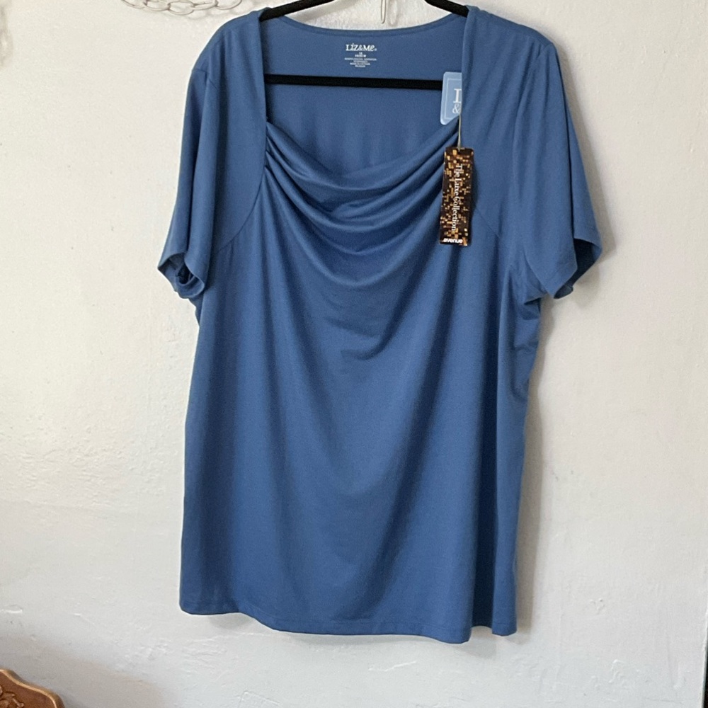Liz & Me Slate Blue Draped Cowl Neck Short Sleeve Top